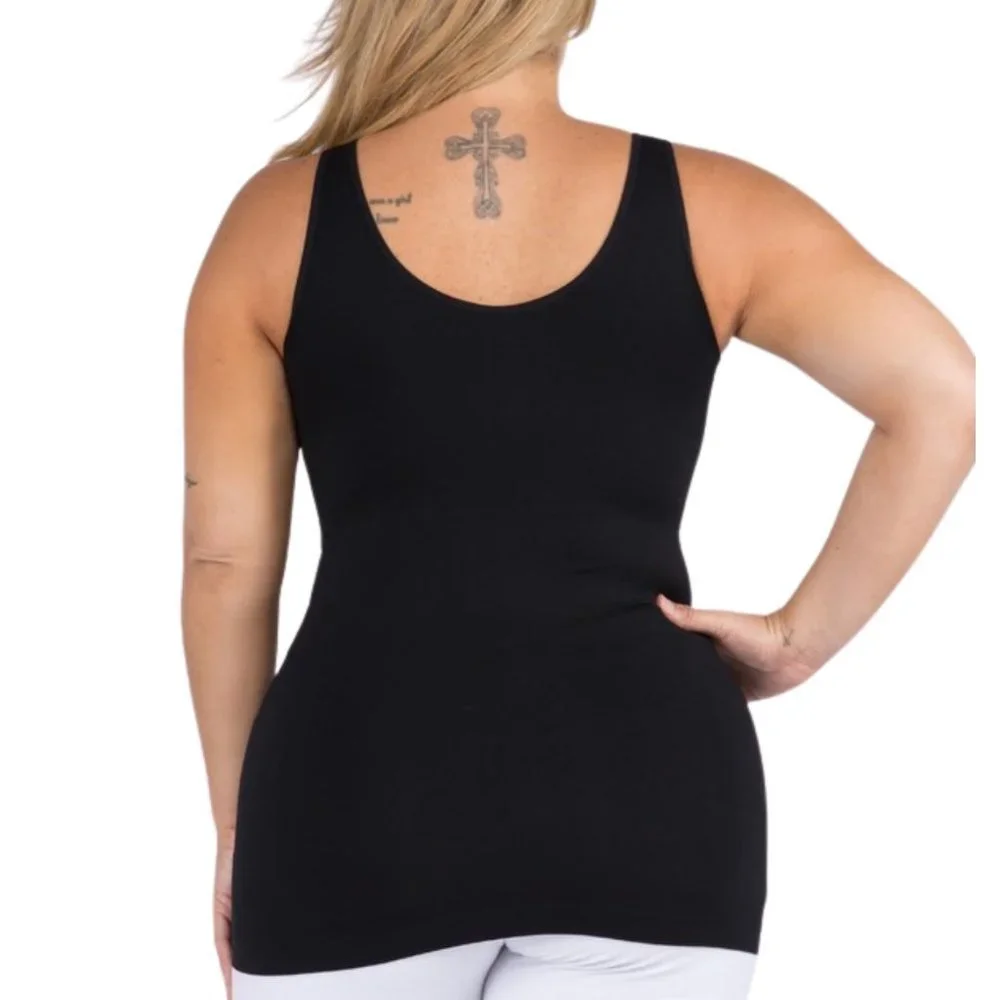 YELETE Plus 1 Size Black Seamless Tank Top. Long Version. Reversible U or V Neck - Picture 4 of 5